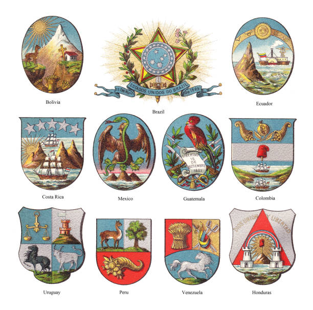 american countries coat of arms collection - vintage color illustration - 哥倫比亞 國家 幅插畫檔、美工圖案、卡通及圖標