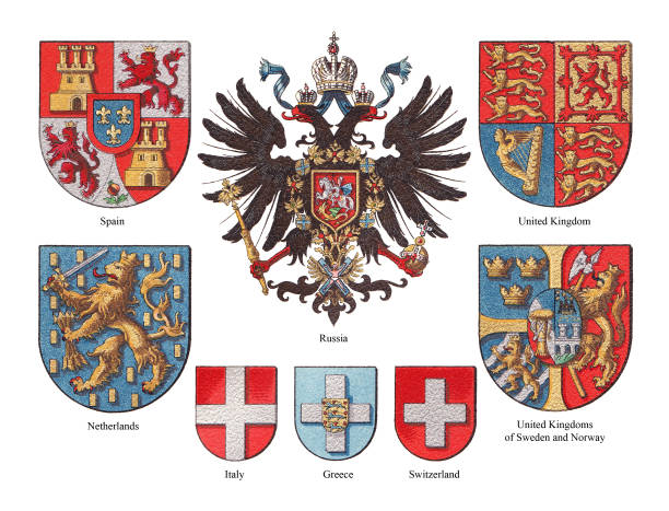 ilustraciones, imágenes clip art, dibujos animados e iconos de stock de colección de escudos de armas de países europeos y rusos - ilustración vintage a color - españa suecia