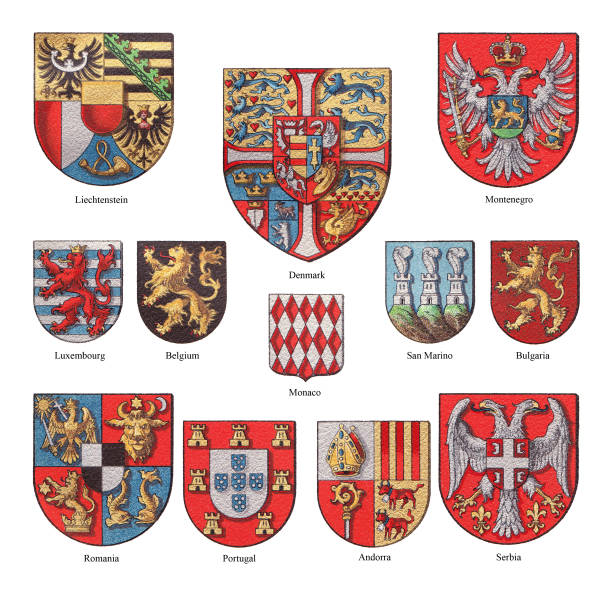 kolekcje herbów krajów europejskich - ilustracja w kolorach vintage - belgium belgian flag flag shield stock illustrations