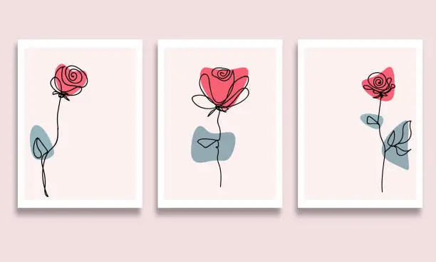 Vector illustration of Vector set of cards decorated with rose flower line hand drawing scribble of simple design elements for greeting card banner background