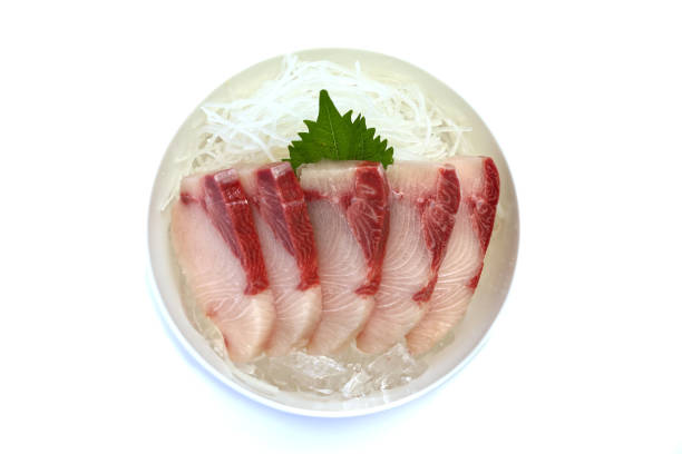 Sashimi, sliced hamachi, placed on ice in a bowl. stock photo
