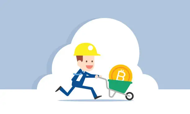 Vector illustration of Businessman pushing cart full of bitcoin