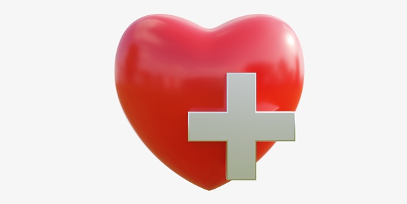 Red Color Heart Shape with white cross on, isolated cutout on white background. Shiny symbol for first aid, cardiac care, pharmaceutical assistance. 3d render