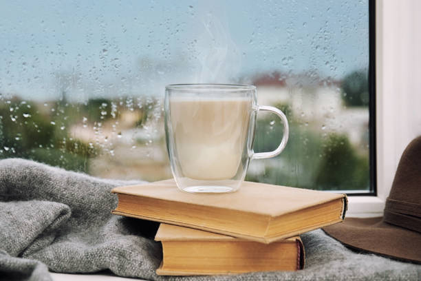 비 후 창틀에 맛있는 따뜻한 음료, 책과 스카프 한 잔 - window rain winter house 뉴스 사진 이미지