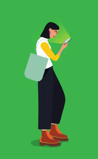 Vector illustration of Fashion and beautiful girl  with empty shopping bag are watching mobil phone while walking