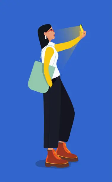 Vector illustration of Fashion and beautiful girl  with empty shopping bag are taking a selfie