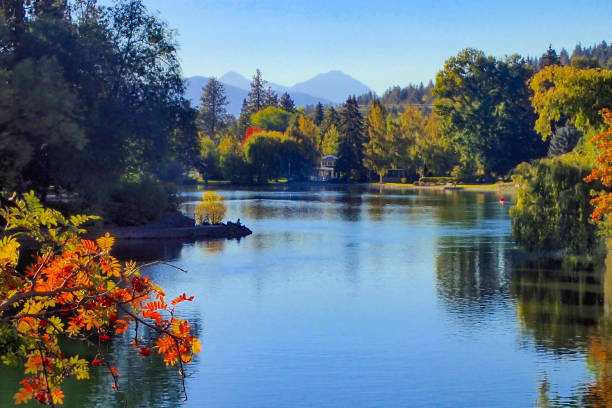 rzeka deschutes w centrum bend w stanie oregon - clear sky reflection sunlight autumn zdjęcia i obrazy z banku zdjęć