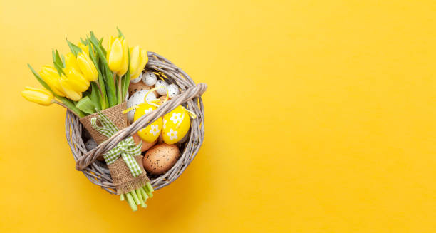 Easter greeting card with tulips and eggs