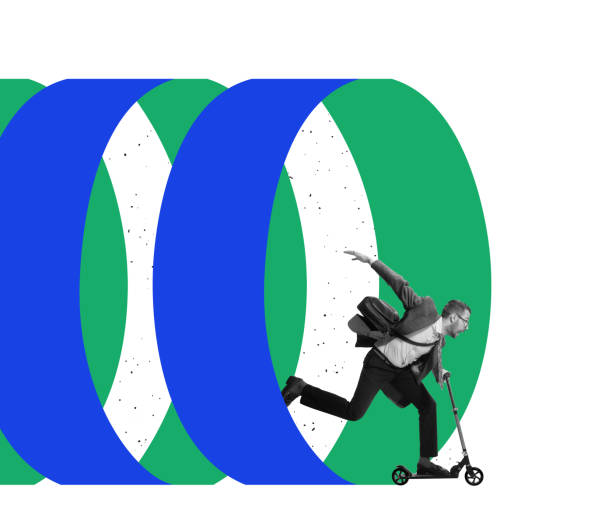 istock Creative design. Funny art with businessman in a hurry, riding scooter, being late at work isolated over white background 1383053459