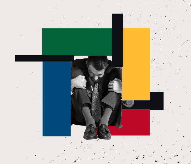 istock Contemporary art collage. Businessmanm employee sitting into small cube symbolizing working pressure, rejection of own ideas 1383053474