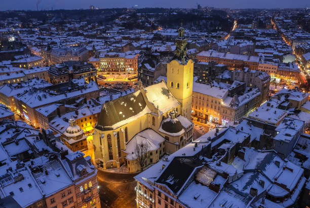 istock The rooftops of Lviv at night 1383053527