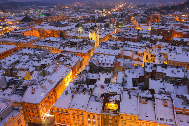 istock The rooftops of Lviv at night 1383053576