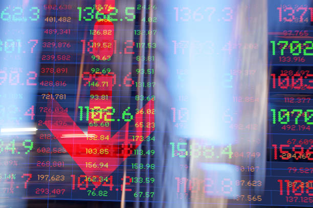 istock Finance. Graphic Arrow. Blurred Office Buildings and Trading Screen Data. 1383053618
