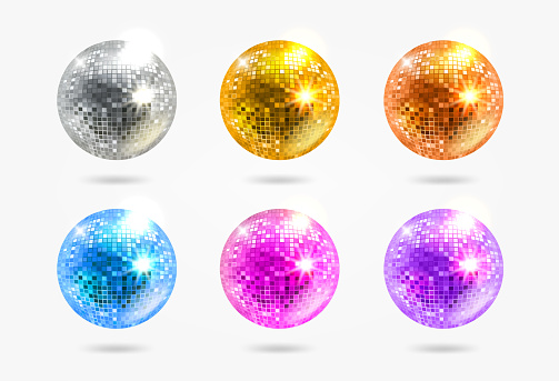 Bright glowing disco balls set isolated on white background. Vector 3d illustration