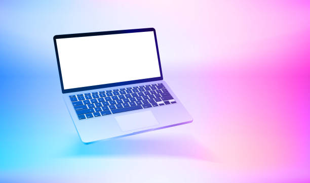 istock Modern laptop with bright blank monitor. 3d vector illustration with holographic effect 1383055231