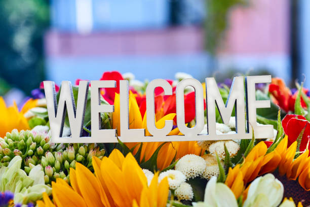 istock Welcome sign on flower bouquet 1383055780