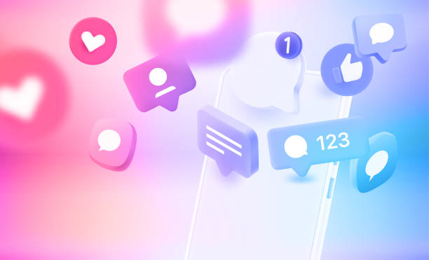 istock Flying social media notification and icons with cellphone. 3d vector illustration 1383056398