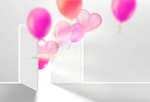 istock Opened door in bright interior with flying color air balloons. 3d vector illustration 1383056480