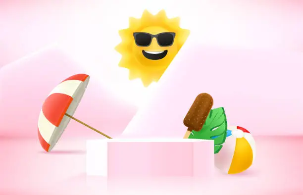 Vector illustration of Summer season banner with copy space. Studio showcase with summer accessories. 3d vector illustration