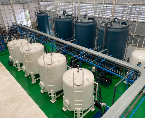 vista dall'alto dell'impianto di trattamento delle acque interne - sewage treatment plant purified water water desalination plant foto e immagini stock