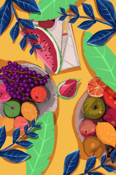 Vector illustration of Endless summer days with exotic fruit