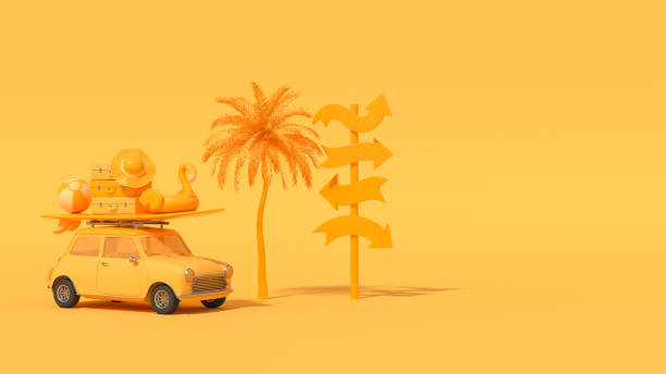 roteiro em branco sinaliza destinos de férias de verão com carro em fundo amarelo - direction arrow sign road sign escape - fotografias e filmes do acervo