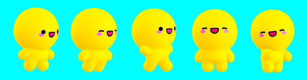 istock Happy little kawaii boy characters set. Emoji 3d render illustration on blue backdrop 1383076797