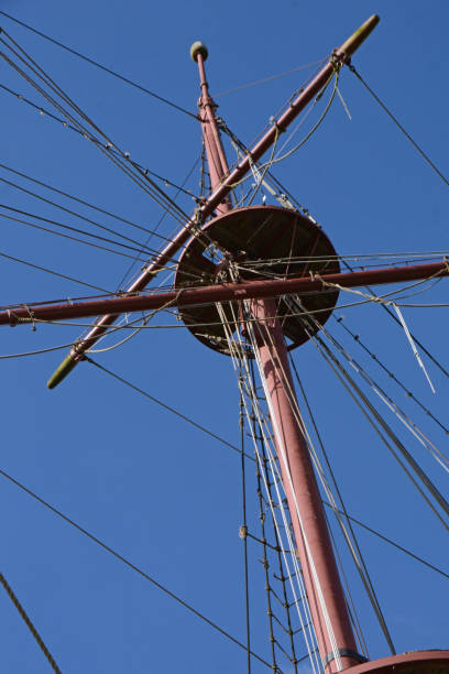 Upward view of the rigging and crow’s nest of an old sailing ship, showcasing intricate ropes, wooden masts, and maritime craftsmanship against a bright sky with drifting clouds.