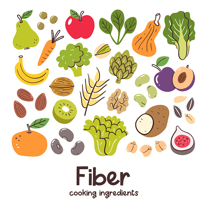 High fiber foods. Cooking ingredients collection. Fruit, vegetables, legumes, nuts. Healthy balanced diet.