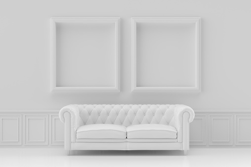 3d rendering of indoor living room, sofa and empty frame white background