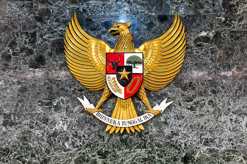 Jakarta, Indonesia - November 2019: Garuda Pancasila, the national emblem of Indonesia. The Indonesian national symbol exhibited at Merdeka Square