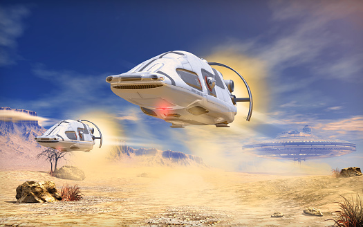 Futuristic spaceships flying from a space station across an alien landscape, 3d render.