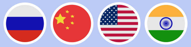 Flags of different countries. A set of stickers on a white backing. Collection of vector icons. Isolated background. Russia, China, India, USA. National symbol of the state. Political themes. Flat style. Flags of different countries. A set of stickers on a white backing. Collection of vector icons. Isolated background. Russia, China, India, USA. National symbol of the state. Political themes. Flat style. Idea for web design, sticker. strategic themes stock illustrations