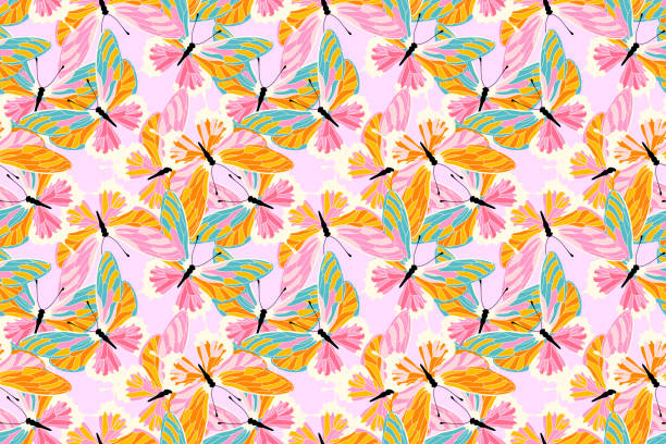 ilustraciones, imágenes clip art, dibujos animados e iconos de stock de hermosa textura de alas de mariposas coloridas, fondo de patrón sin costuras - butterfly backgrounds seamless pattern