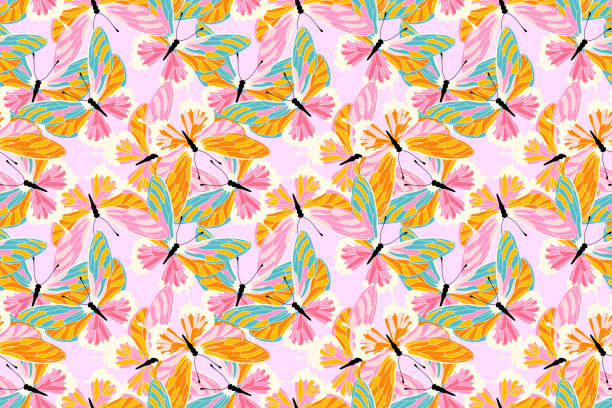 piękna kolorowa tekstura skrzydeł motyli, bezszwowe tło wzoru - backgrounds tropical climate repetition pattern stock illustrations