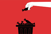 istock Giant throws bomb into trash can, no war, peace concept illustration. 1383089885