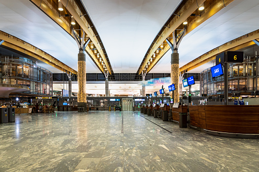 Oslo, Norway - January 2018: Oslo Gardermoen International Airport departure terminal architecture.