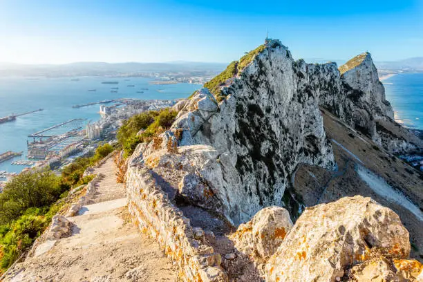 Steep road on the top of Rock of Gibraltar with the city and bay panorama