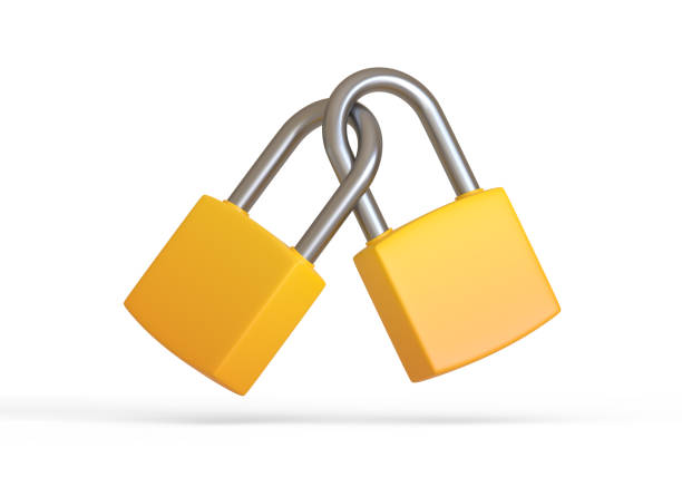 istock Two yellow locked padlocks isolated on white background 1383093151