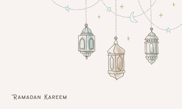 ilustrações, clipart, desenhos animados e ícones de guirlandas com lanternas árabes coloridas, estrelas e luzes. cartão de saudação, convite para o feriado muçulmano ramadan kareem. decoração de festa. fundo de ilustração do ector desenhado à mão. arte aquarela. - ramadan