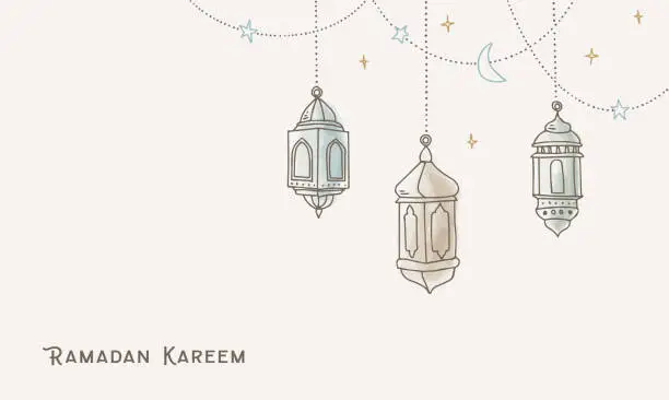 Vector illustration of Garlands with hanging colorful arab lanterns, stars and lights. Greeting card, invitation for muslim holiday Ramadan Kareem. Party decoration. Hand drawn ector illustration background. Watercolor art.