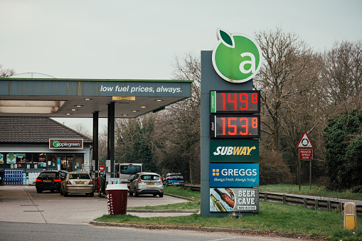 Crawley, UK -8 March, 2022: high prices for petrol and diesel on the forecourt of a gas station in Crawley, UK.