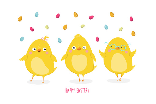 Easter card with cute chickens . Easter greeting card. Vector illustration.