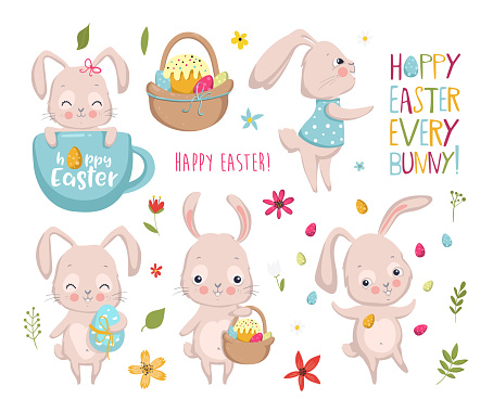 Set of Easter elements with bunny, eggs, flowers. Hoppy Easter every bunny