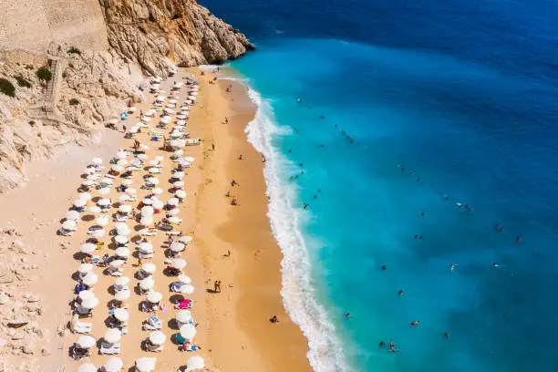Aerial view of Kaputas Beach in Kas. Kalkan, Antalya, Turkey. Lycian way. Summer and holiday concept. Popular touristic area.