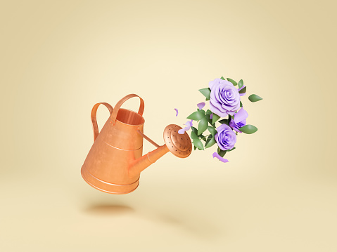 copper watering can with flowers coming out. concept of spring, vegetable garden, flowers, good weather and plant care. 3d rendering