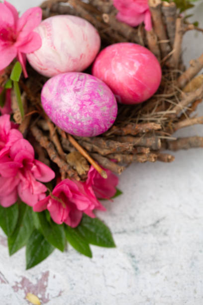 istock Silk Dyed  Pink Easter Eggs in a Bird's Nest Surrounded by Azaleas on a White Background 1383102526