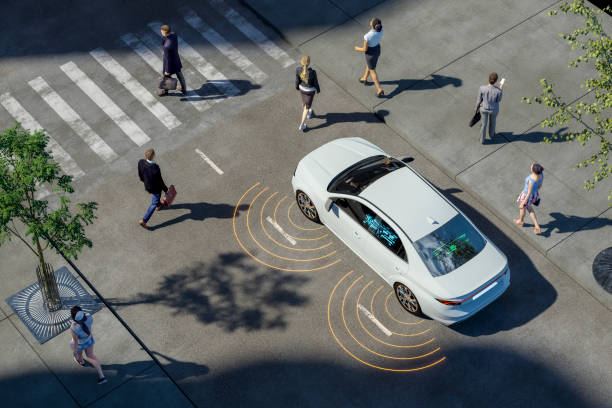 l'intelligenza artificiale moderna dell'auto valuta le condizioni di guida e gli elementi stradali - mezzo di trasporto senza conducente foto e immagini stock