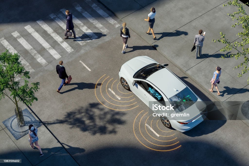 Modern car AI evaluating driving conditions and street elements - Royalty-free Sürücüsüz Araba Stok görsel