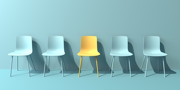 One out unique yellow chair concept with blue chairs - 3D render